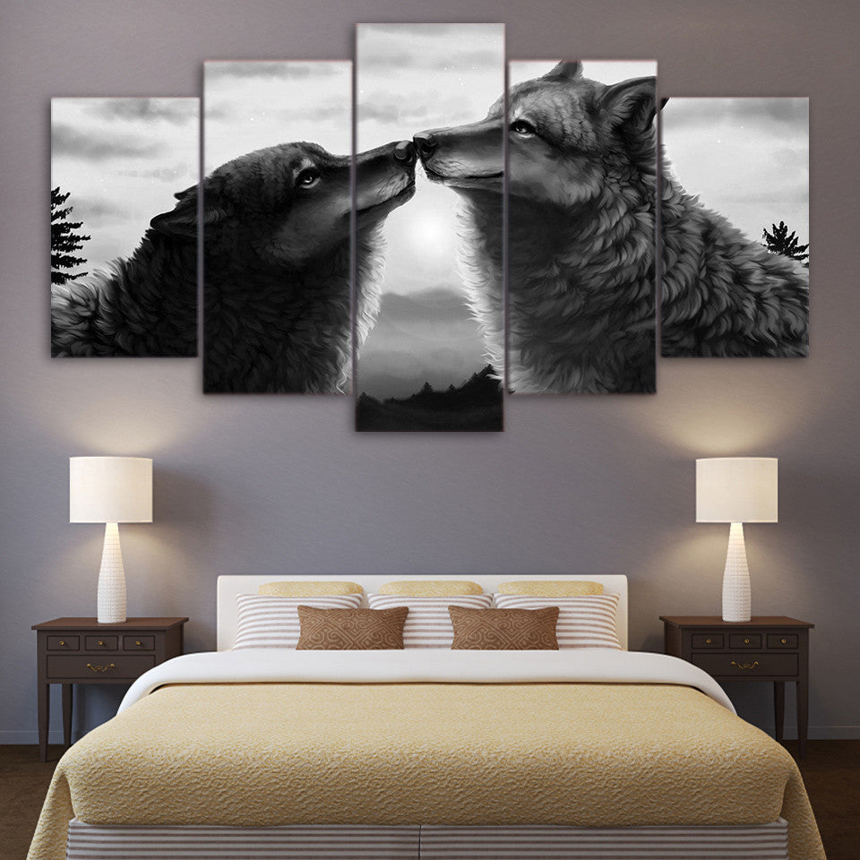 Limited Edition 5 Piece Abstract Black Couple Wolf Canvas