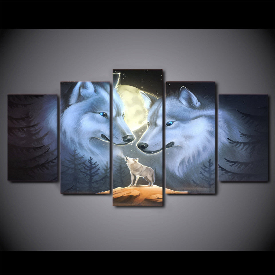 Limited Edition 5 Piece Abstract White Wolf Couple Canvas