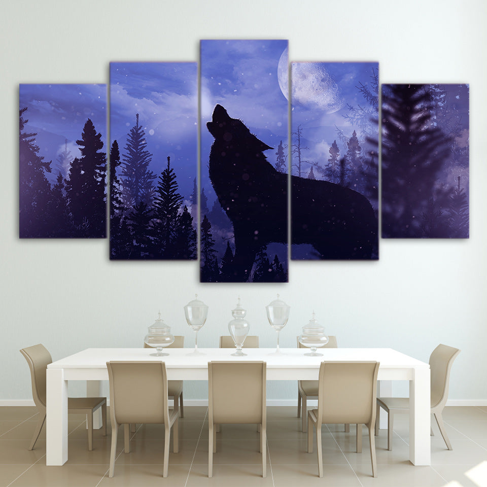 Limited Edition 5 Piece Blue Moon Night Black Wolf Canvas