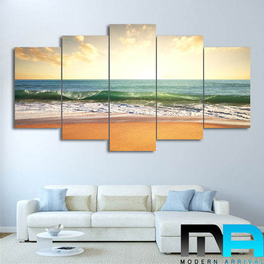 Limited Edition 5 Piece White Wavy Beach In Sunset Canvas