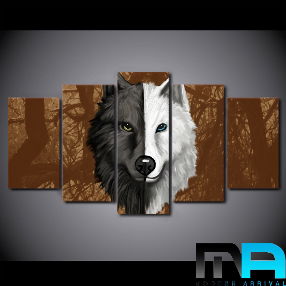 Limited Edition 5 Piece Half Black and White Wolf Canvas