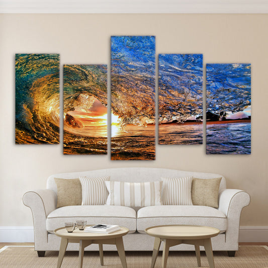 Limited Edition 5 Piece Huge Ocean Waves in Sunset Canvas