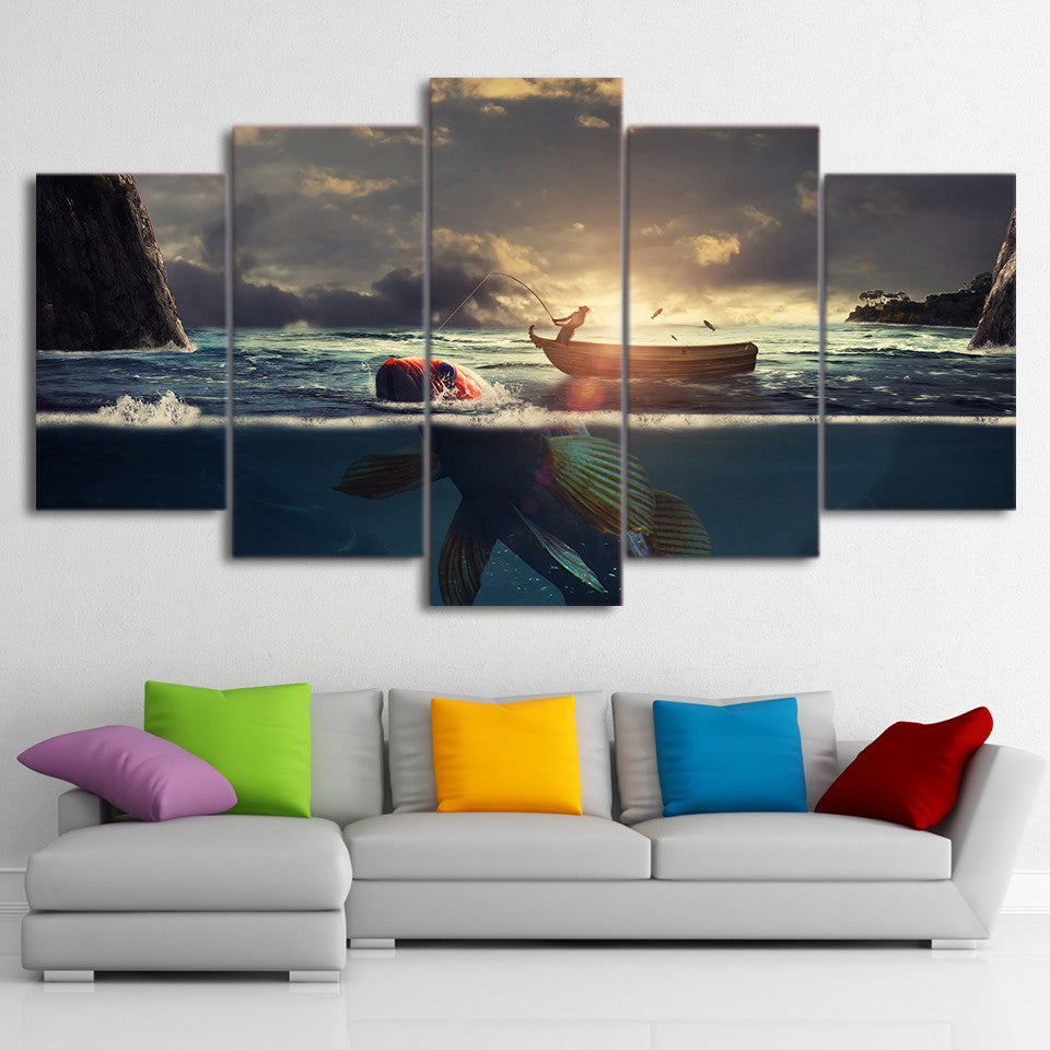 Limited Edition 5 Piece Fishing Boat In Sunset With Big Fish Canvas