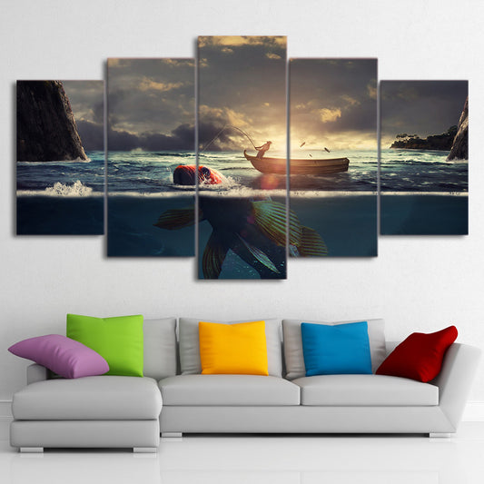 Limited Edition 5 Piece Fishing Boat In Sunset With Big Fish Canvas