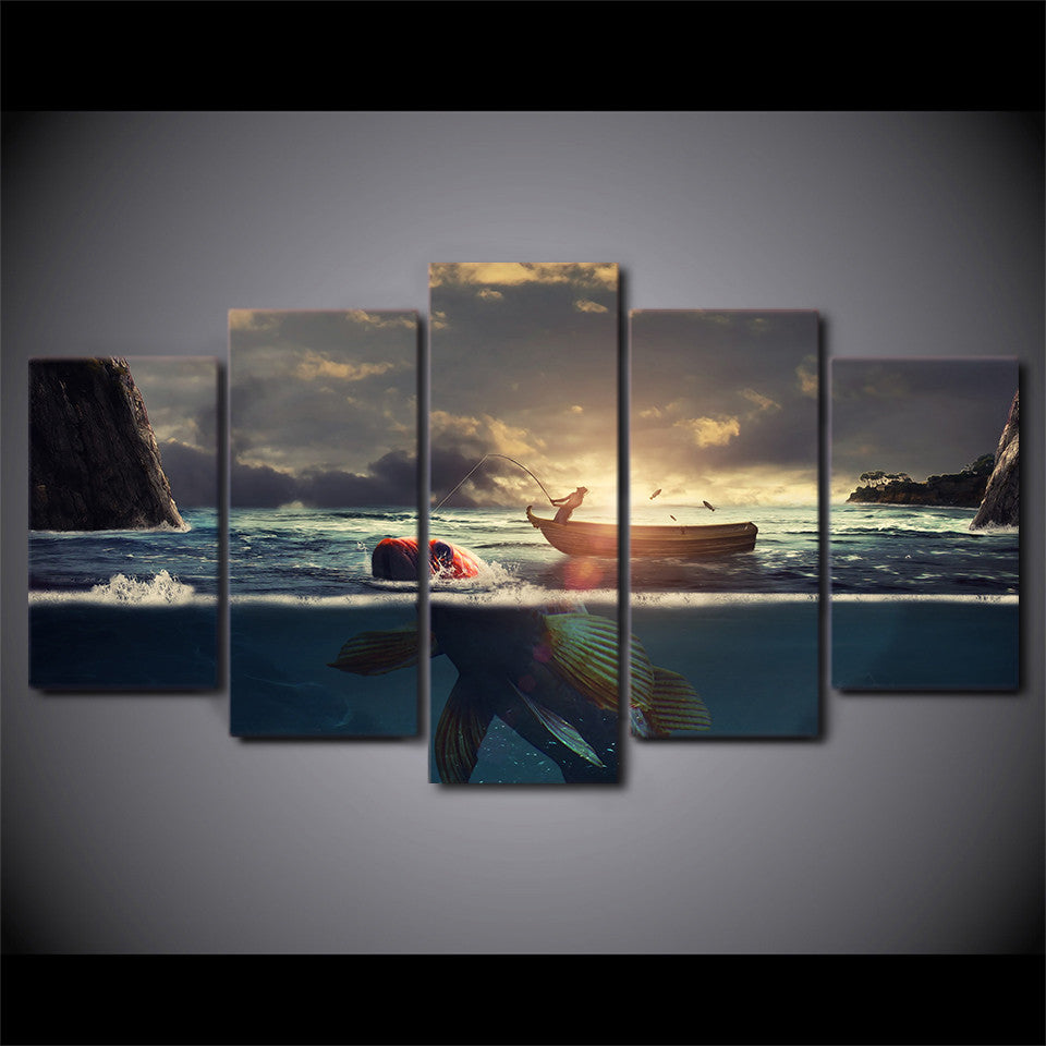 Limited Edition 5 Piece Fishing Boat In Sunset With Big Fish Canvas
