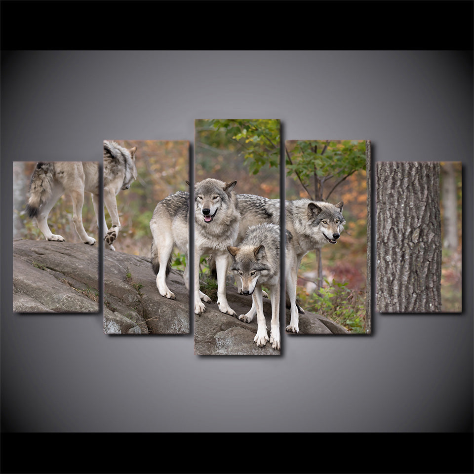 Limited Edition 5 Piece Group Of Wild Wolves Canvas
