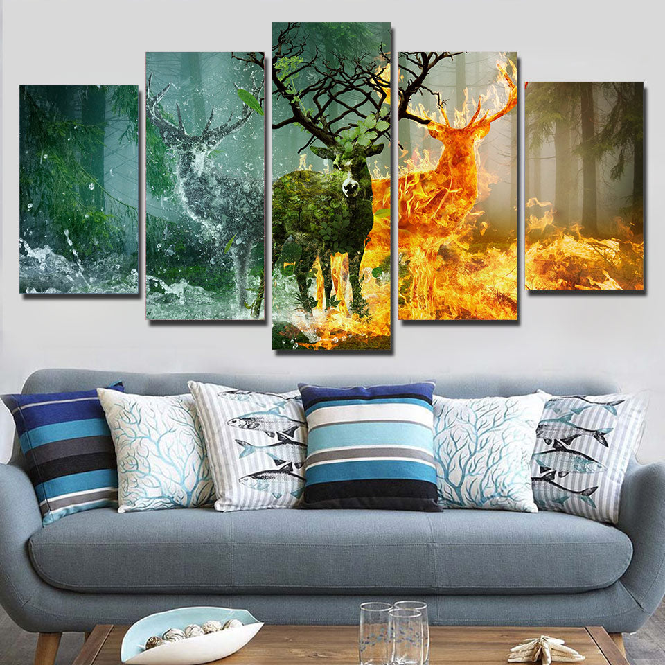 Limited Edition 5 Piece Green, Ice and Fire Deer Canvas
