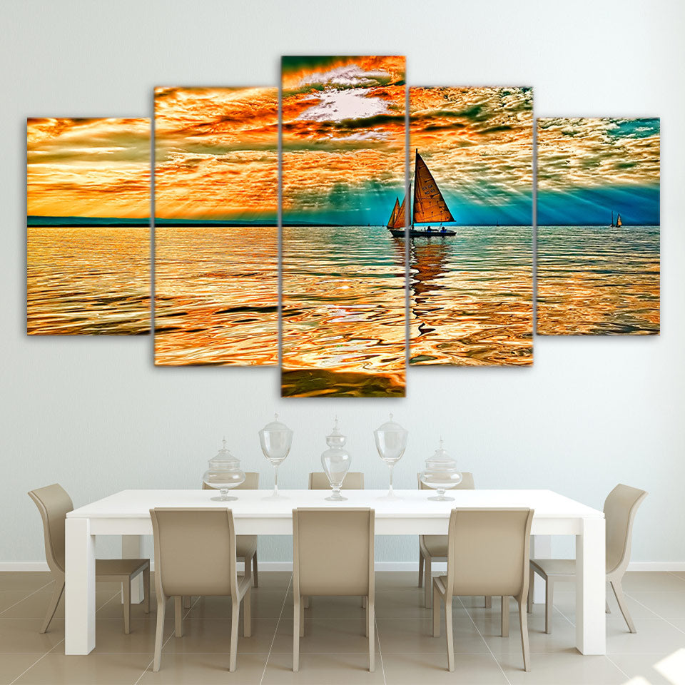 Limited Edition 5 Piece Boat In An Orange Sunset Canvas
