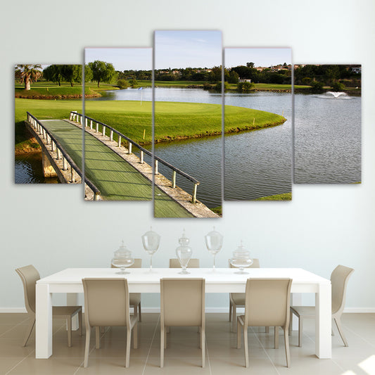 Limited Edition 5 Piece Lake Shore And Bridge Golf Course Canvas