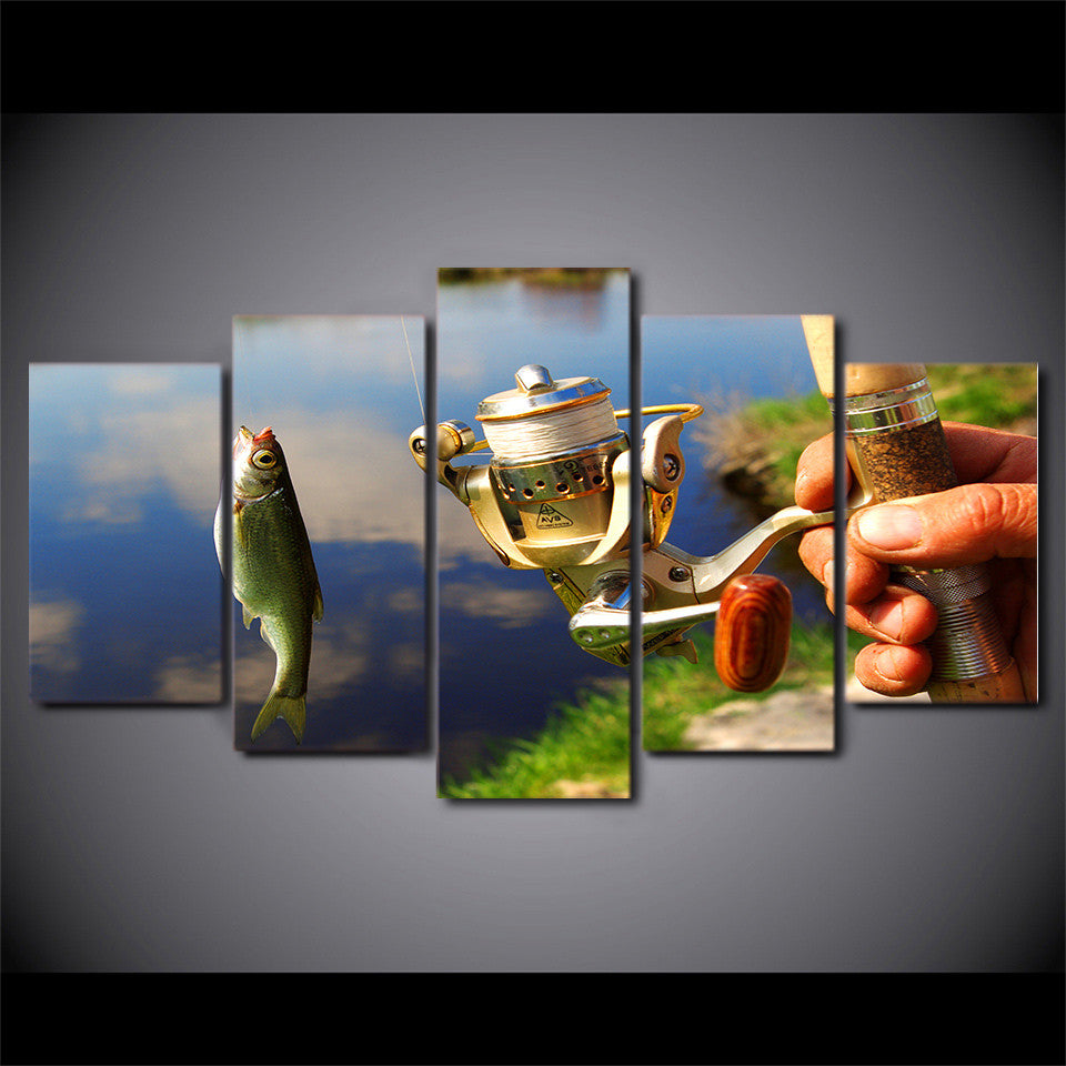 Limited Edition 5 Piece Modern Fishing Rod Pulley With Fish Canvas