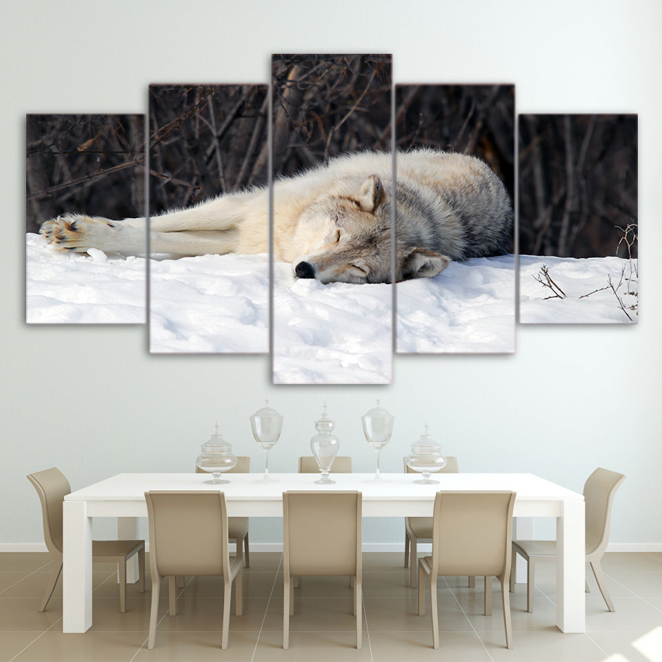 Limited Edition 5 Piece Sleeping Wolf In The Snow Canvas