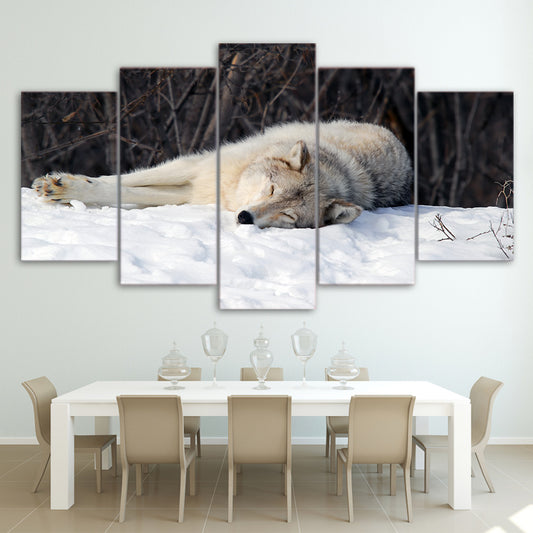 Limited Edition 5 Piece Sleeping Wolf In The Snow Canvas