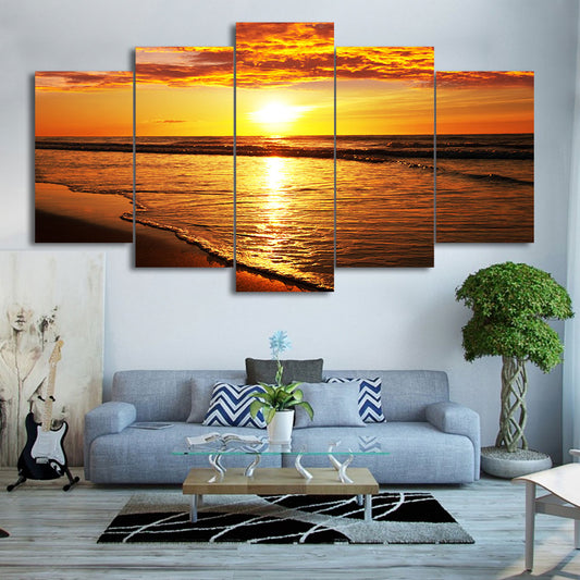 Limited Edition 5 Piece Golden Sunset By The Beach Canvas