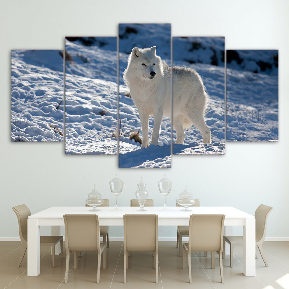 Limited Edition 5 Piece  White Wolf In Snow Canvas