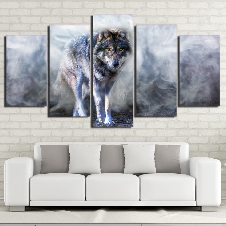 Limited Edition 5 Piece Wolf Covered By Smoke Canvas