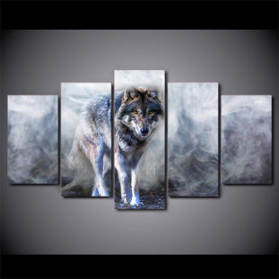 Limited Edition 5 Piece Wolf Covered By Smoke Canvas