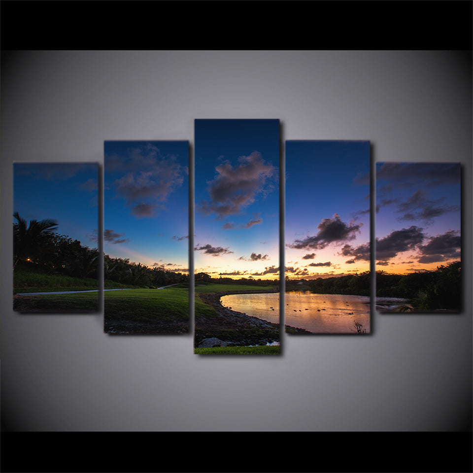 Limited Edition 5 Piece Golf Course By The River Over Sunset Canvas