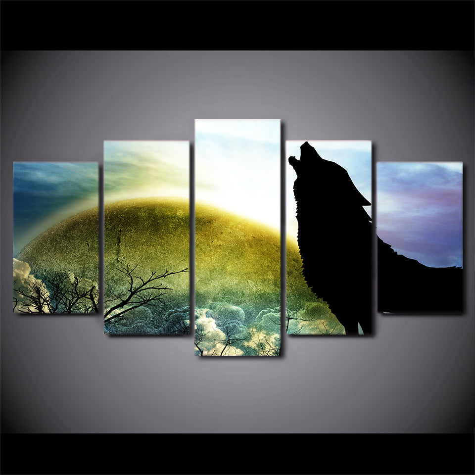 Limited Edition 5 Piece Silhouette Of A Howling Wolf Canvas