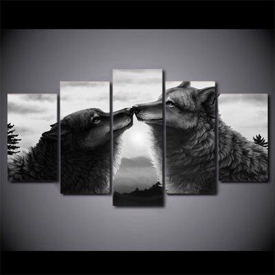 Limited Edition 5 Piece Abstract Black Couple Wolf Canvas