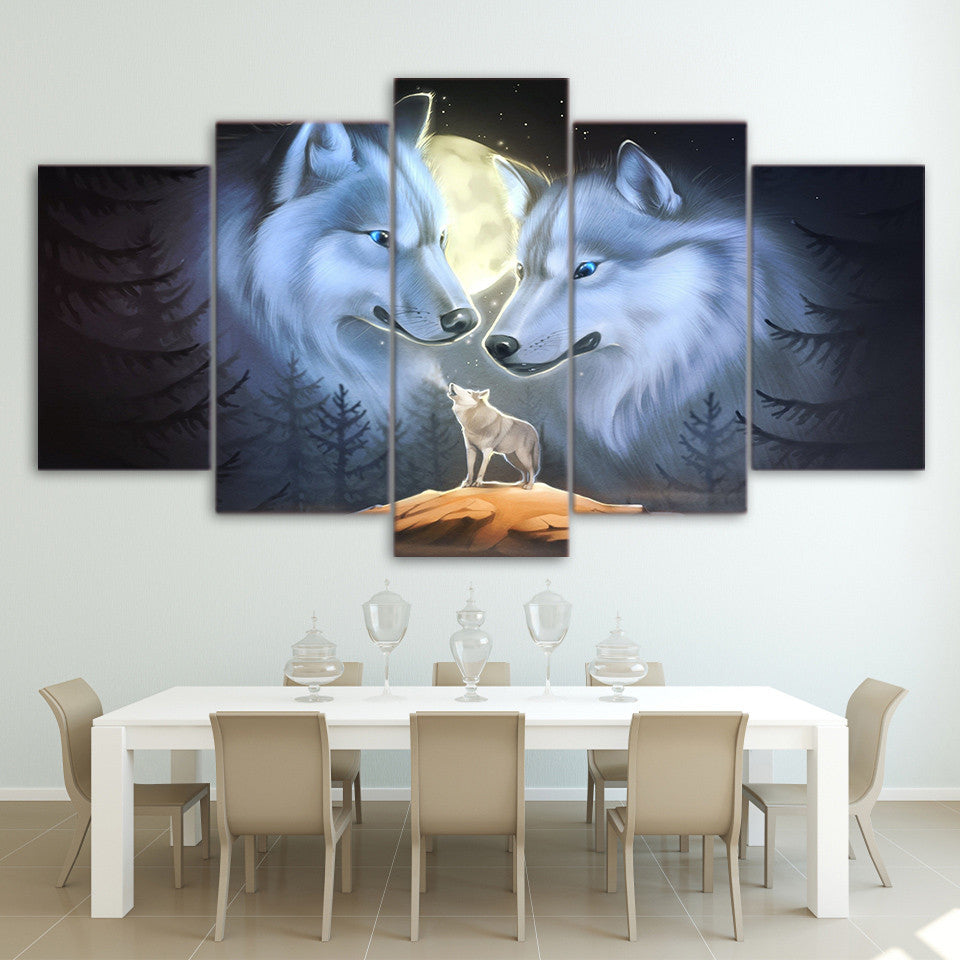 Limited Edition 5 Piece Abstract White Wolf Couple Canvas