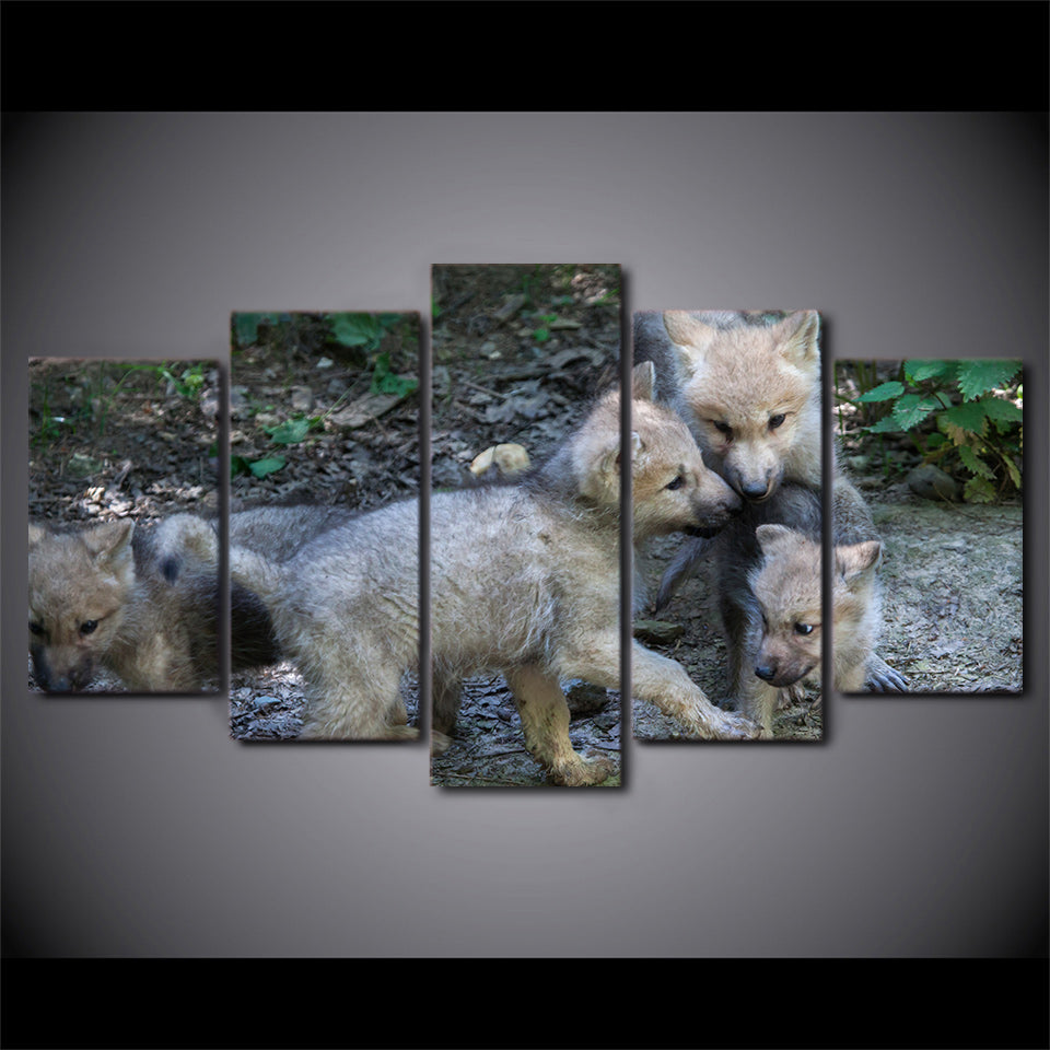 Limited Edition 5 Piece Baby Wolves Playing Canvas