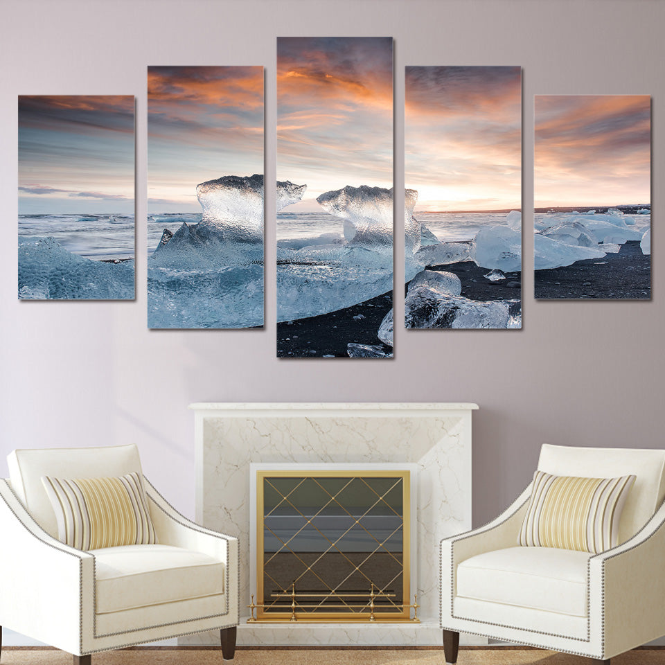 Limited Edition 5 Piece Ocean Beach In Ice Canvas