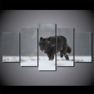 Limited Edition 5 Piece Black Wolf In Snow Canvas