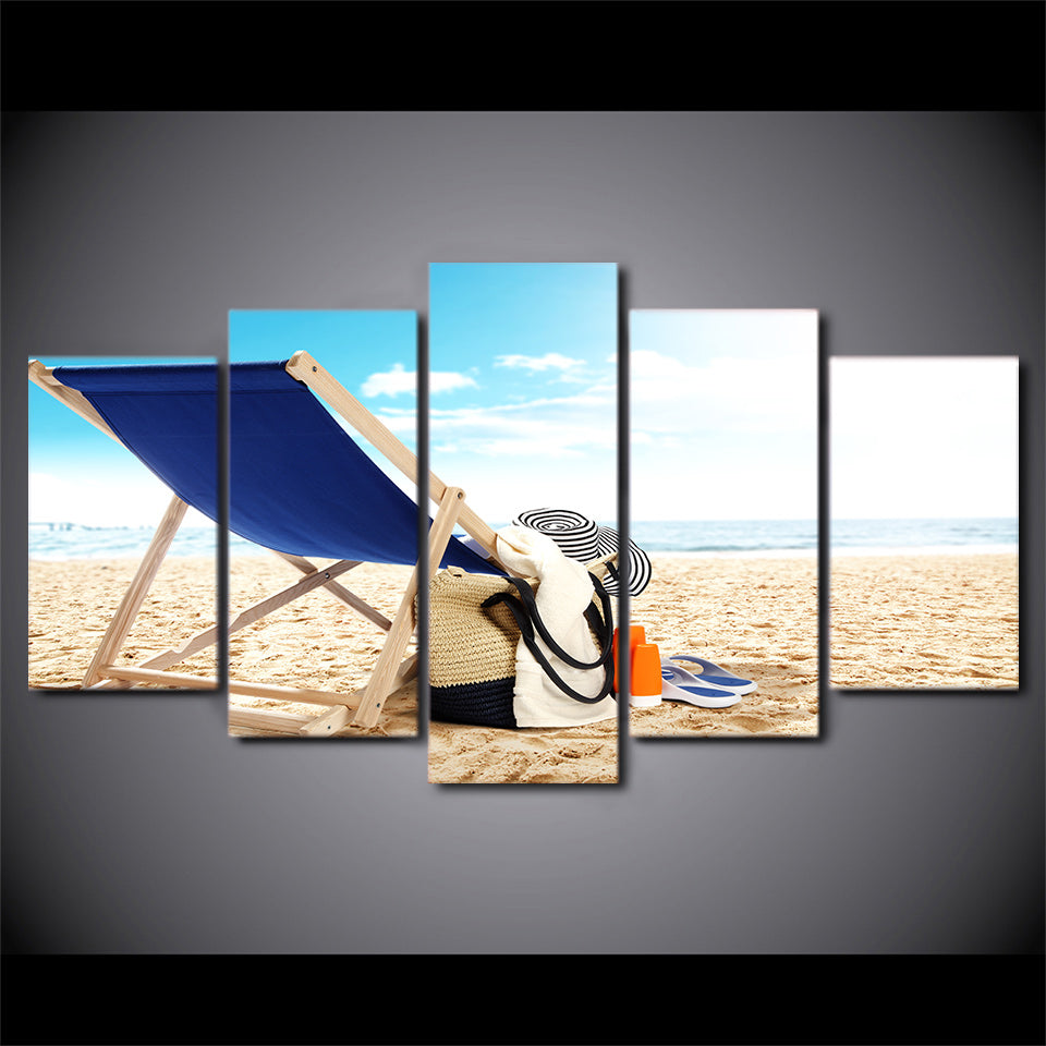 Limited Edition 5 Piece Blue Chair At The Beach Canvas
