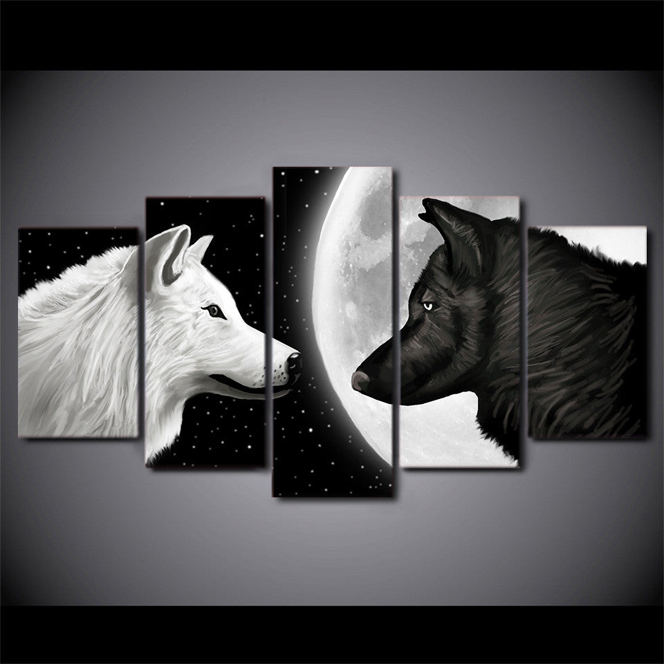 Limited Edition 5 Piece Black And White Wolf in Moon Canvas