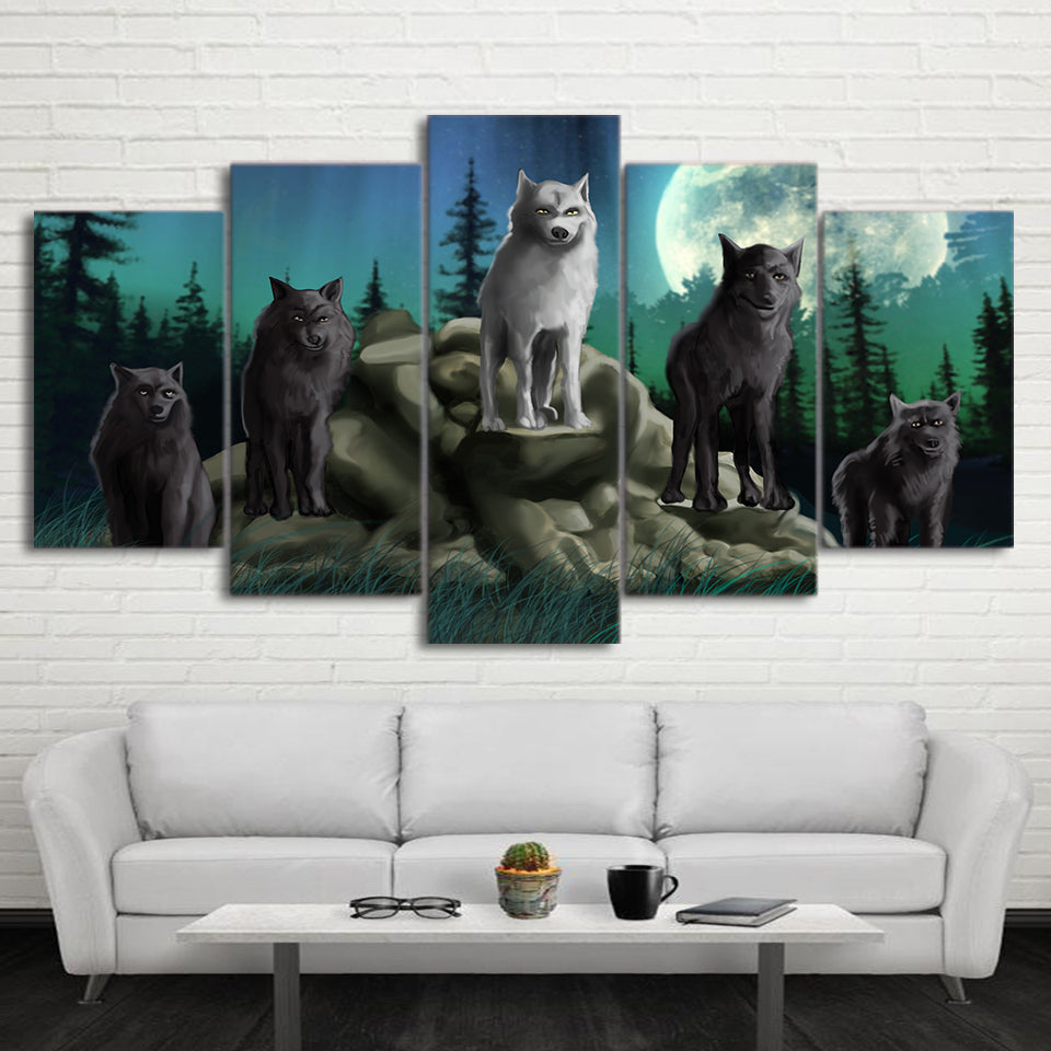 Limited Edition 5 Piece Artistic Group Of Wolves At Night Canvas