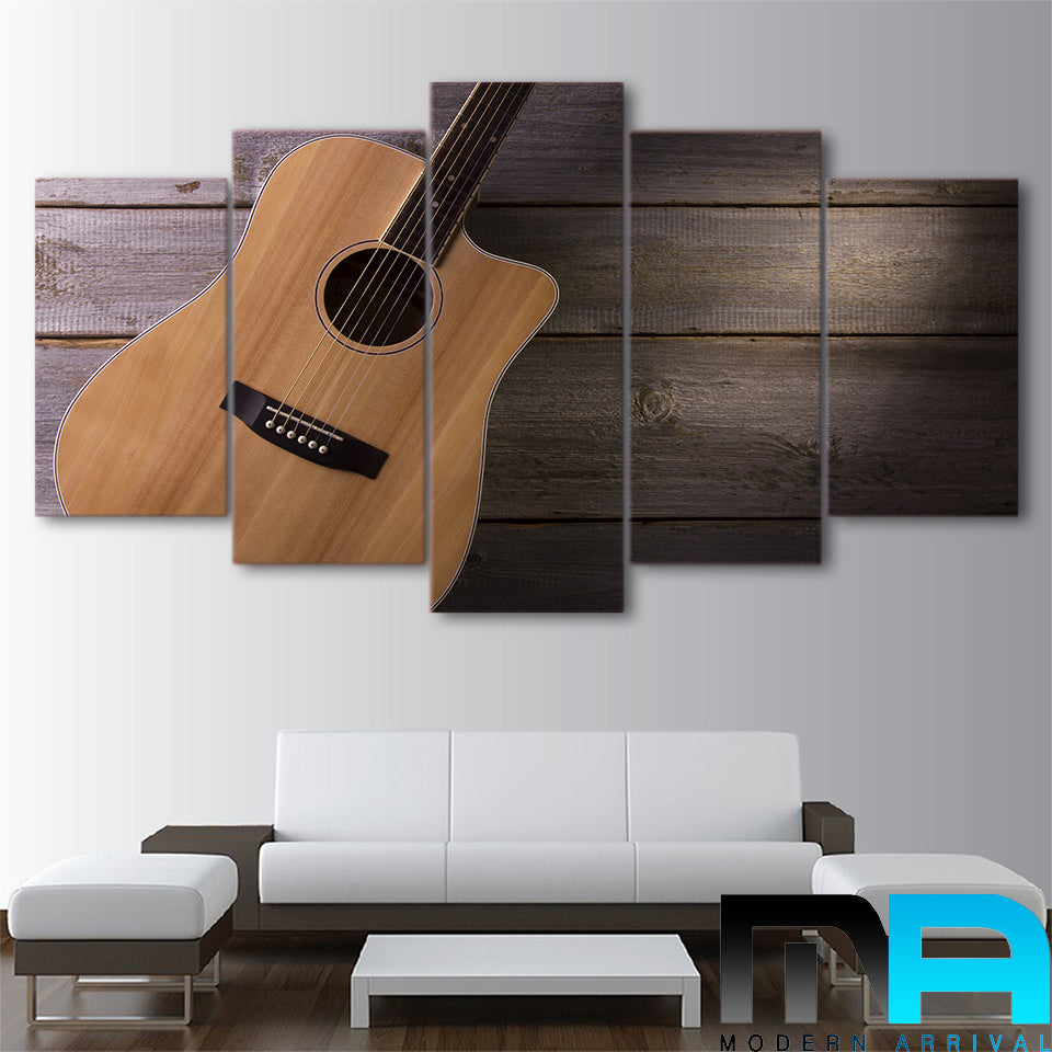 Limited Edition 5 Piece Classic Guitar In Wood Background Canvas