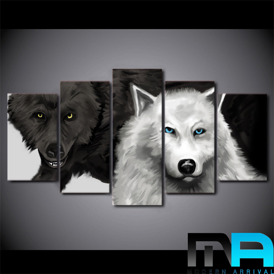 Limited Edition 5 Piece Couple Black and White Wolves Canvas