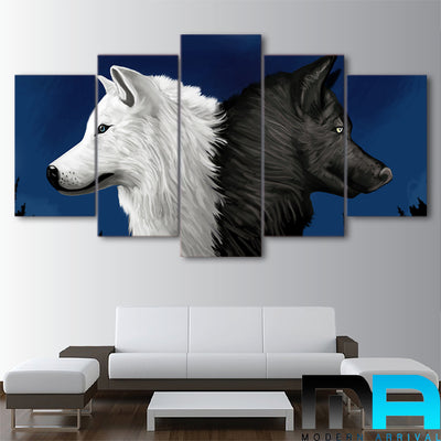Limited Edition 5 Piece Black and White Wolf in Blue Background Canvas