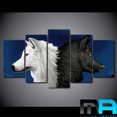 Limited Edition 5 Piece Black and White Wolf in Blue Background Canvas