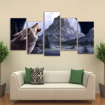 Limited Edition 5 Piece  Howling Wolf in the Mountain Canvas