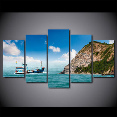 Limited Edition 5 Piece Fishing Boat In A Bay Canvas