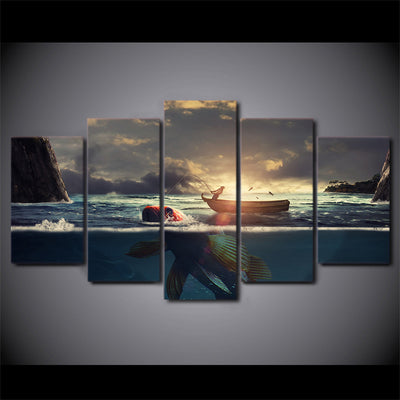 Limited Edition 5 Piece Fishing Boat In Sunset With Big Fish Canvas