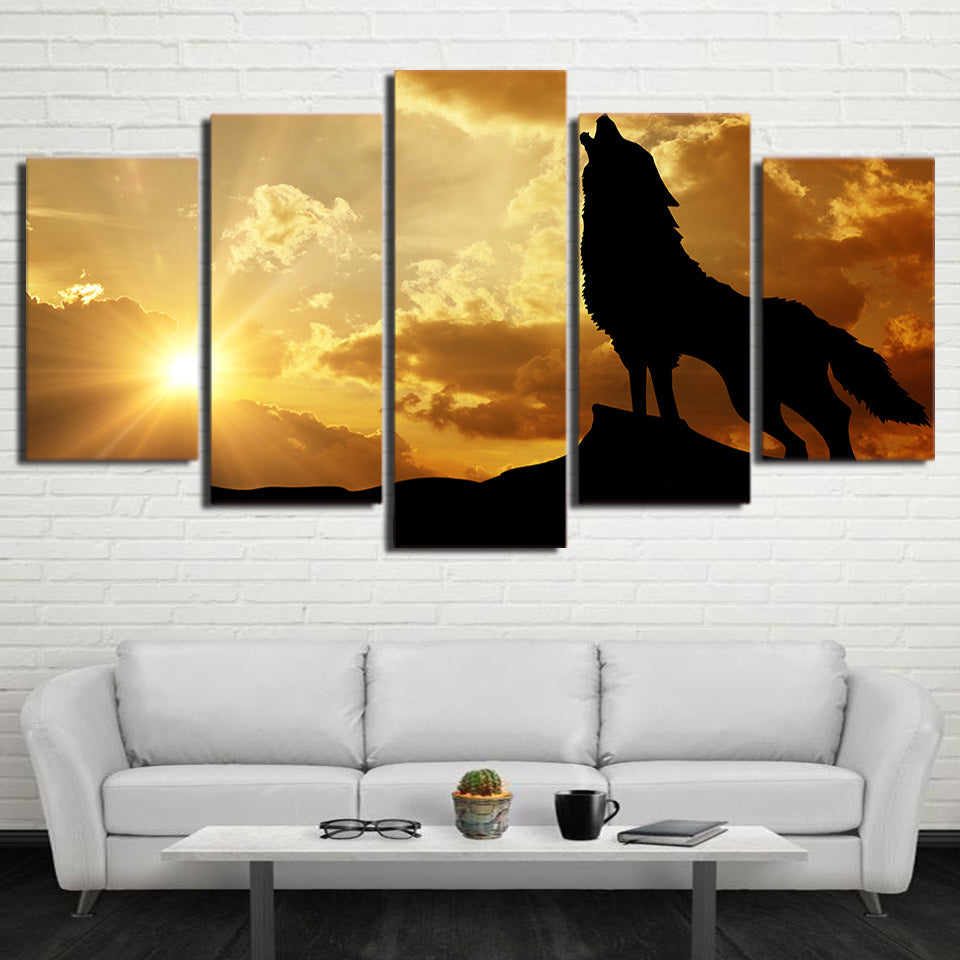Limited Edition 5 Piece Howling Wolf In Sunset Canvas