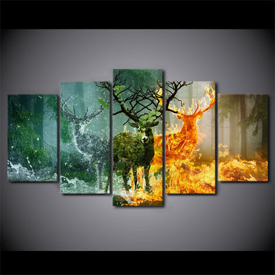 Limited Edition 5 Piece Green, Ice and Fire Deer Canvas