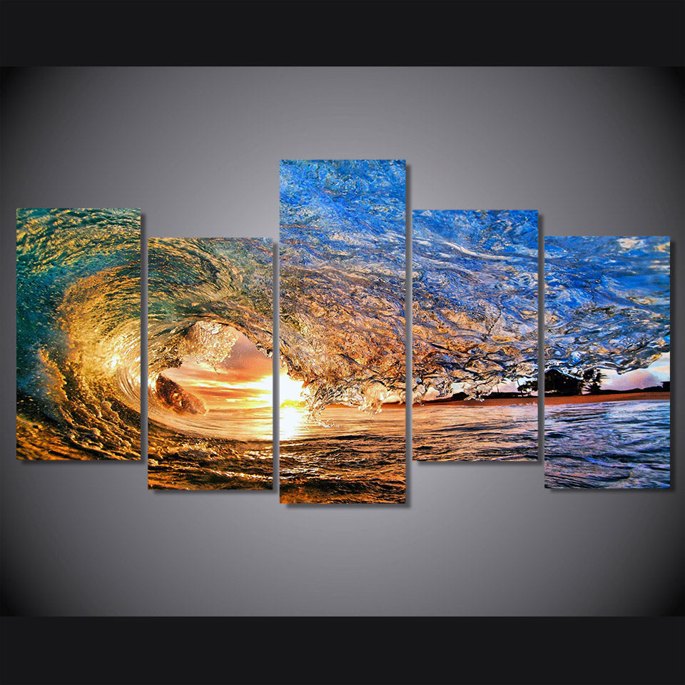 Limited Edition 5 Piece Huge Ocean Waves in Sunset Canvas