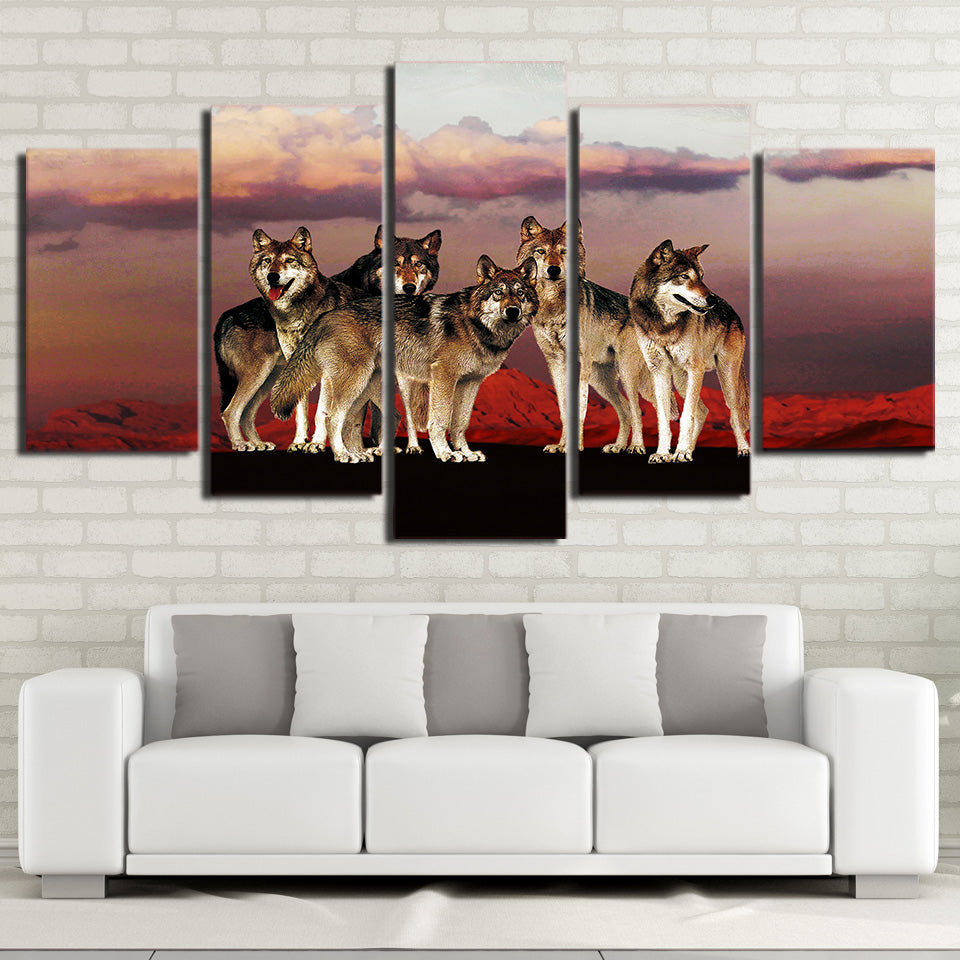 Limited Edition 5 Piece Group Of Wolves In Red Mountain Canvas