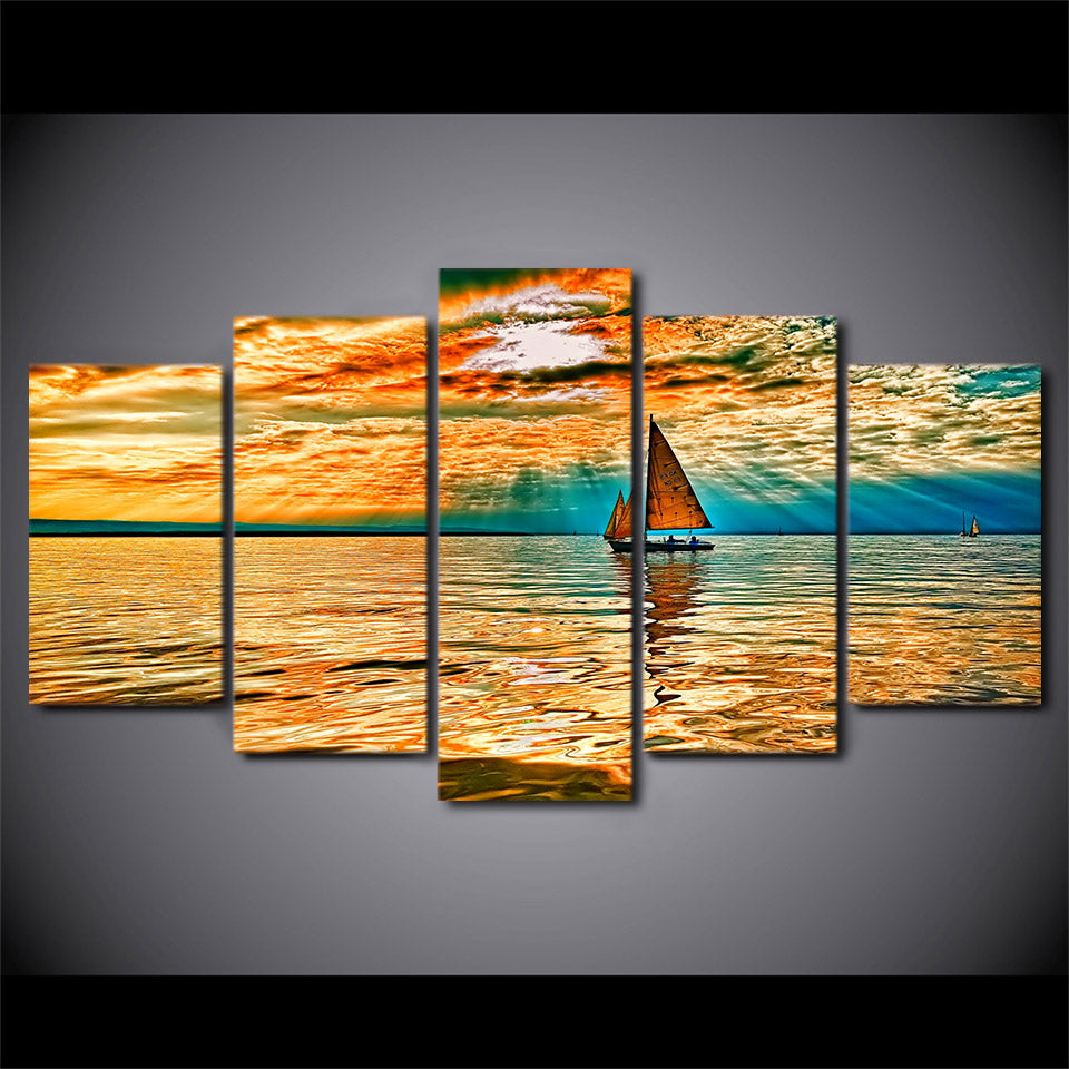 Limited Edition 5 Piece Boat In An Orange Sunset Canvas