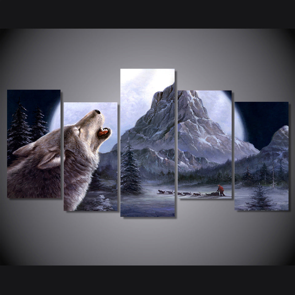 Limited Edition 5 Piece  Howling Wolf in the Mountain Canvas