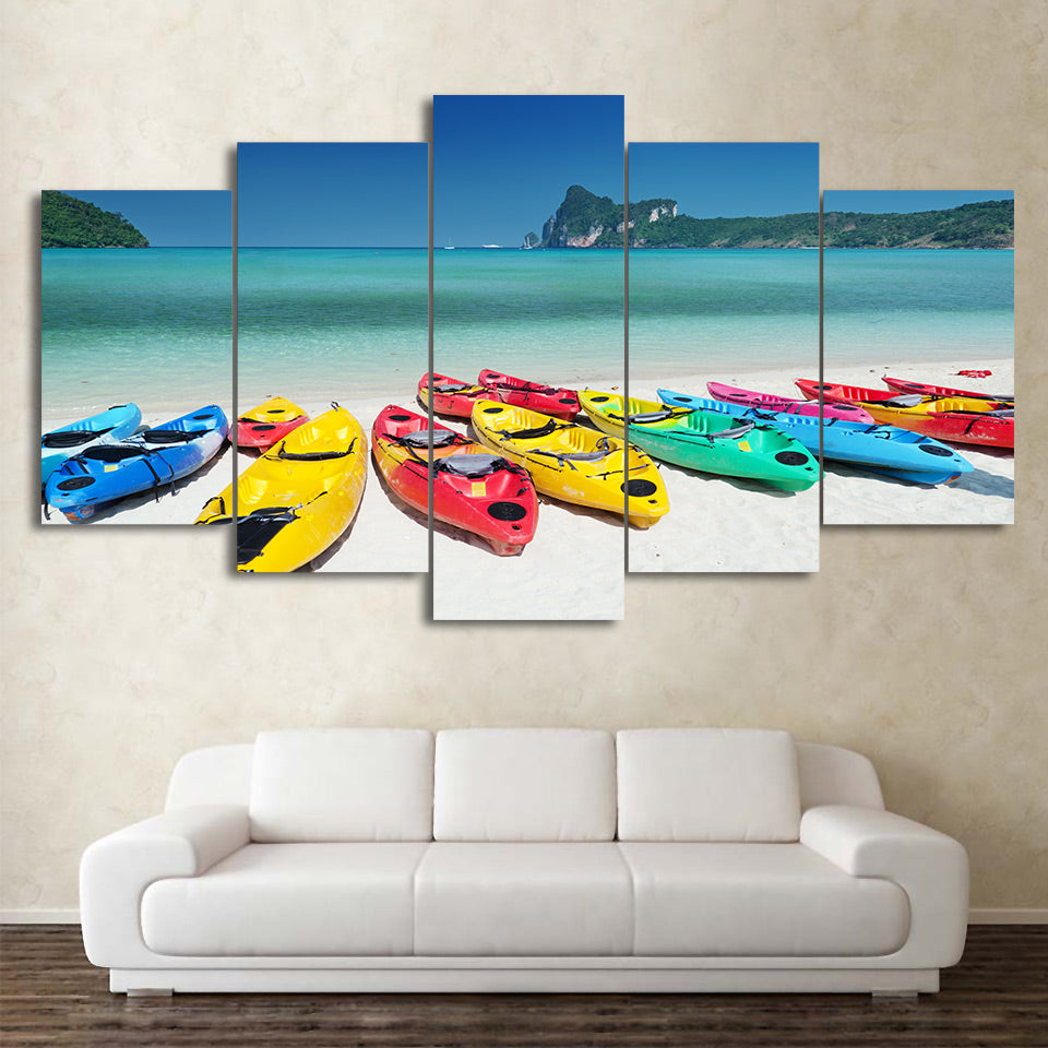 Limited Edition 5 Piece Colorful Kayaks in the Beach Canvas