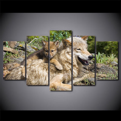 Limited Edition 5 Piece Mother Wolf And Baby Canvas