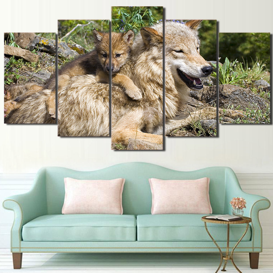 Limited Edition 5 Piece Mother Wolf And Baby Canvas