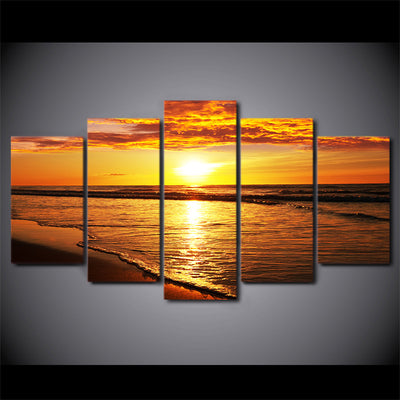 Limited Edition 5 Piece Golden Sunset By The Beach Canvas