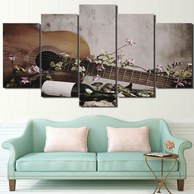 Limited Edition 5 Piece Vintage Guitar With Flowers And Wine Canvas