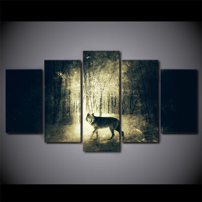 Limited Edition 5 Piece Wolf In A Forest In Black And White Canvas