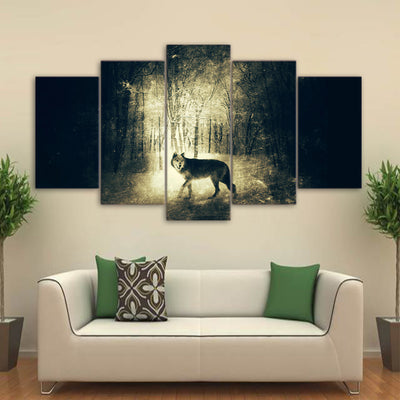 Limited Edition 5 Piece Wolf In A Forest In Black And White Canvas